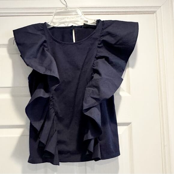 J Crew Navy Blue Ruffle Front Top G5502 Preppy Cotton Blouse Extra Small Shirt - Picture 5 of 12
